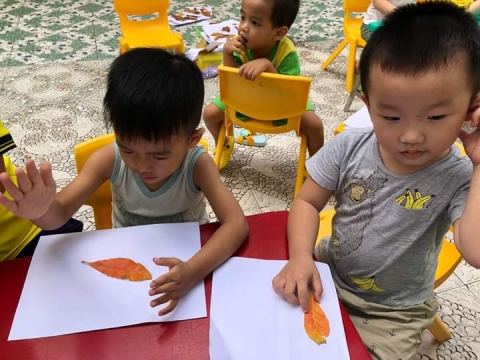 Bé lớp Mầm 2 tạo hình bằng Lá Cây 